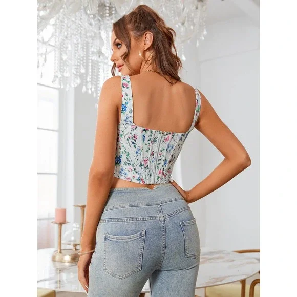 Floral Print Hanky Hem Zip Back Corset Tank Top crop top - Picture 3 of 8